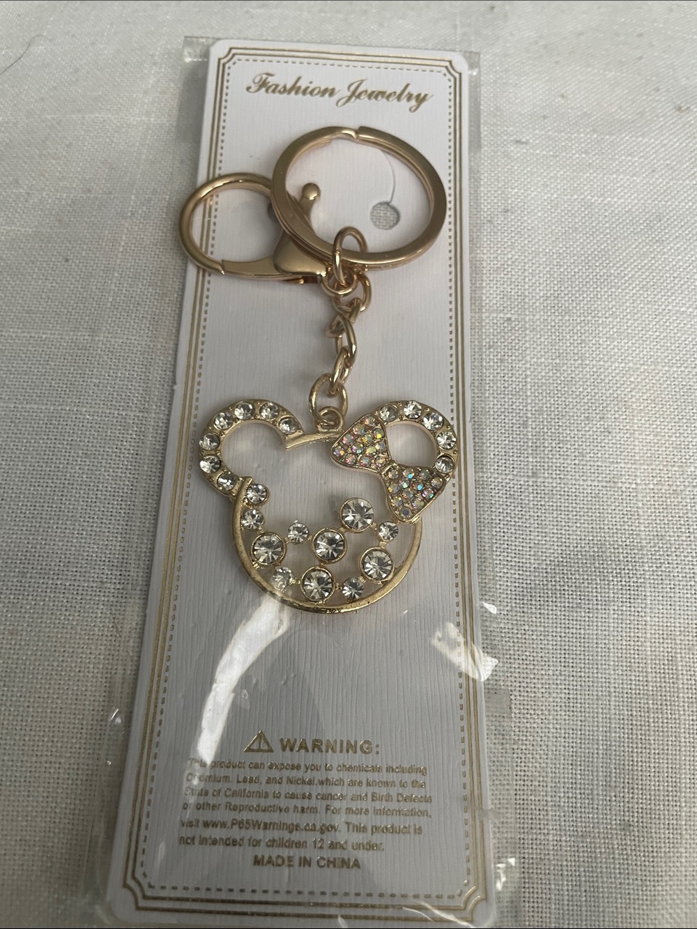 Fashion Jewelry Gold Crystal Mouse Keychain with Bow Accent